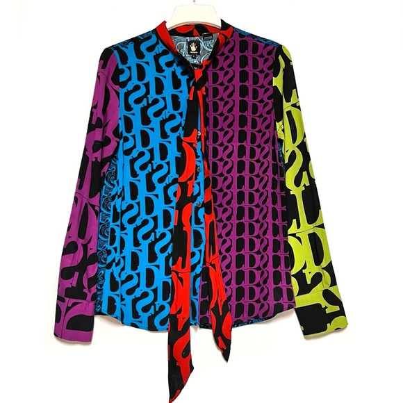 Desigual Logomania Blouse Womens Medium P-Bow Colorful Bold Print Lacroix Artsy - Picture 4 of 16